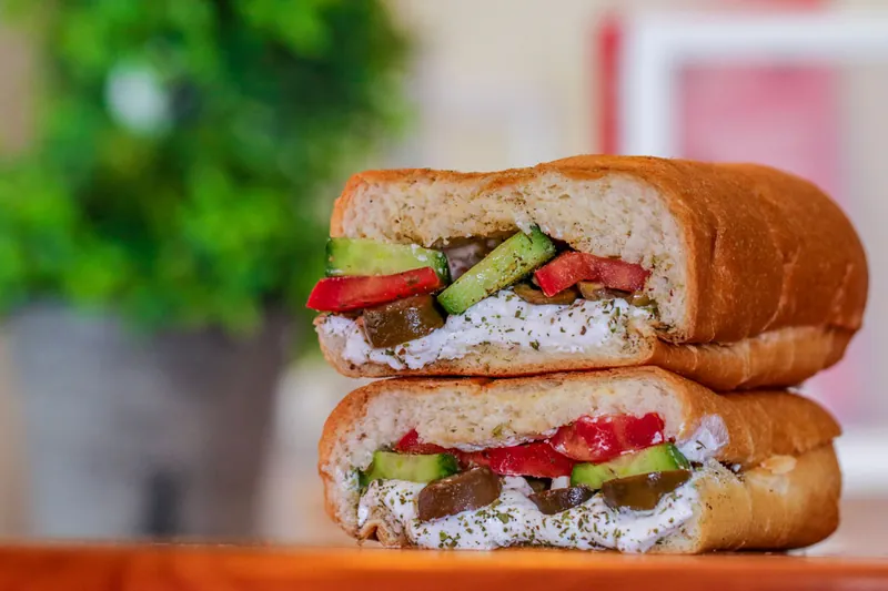 Labneh sandwich, halved and stacked